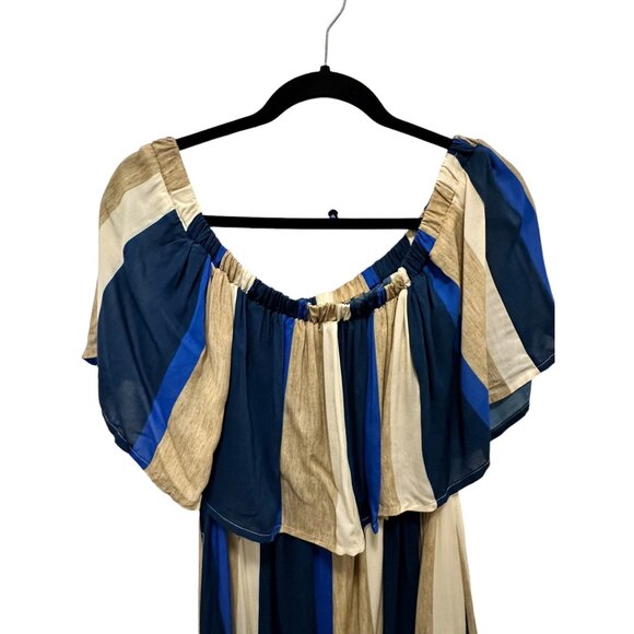 👗 2/$30 👗 Blue & Tan Striped Italian Off Shoulder Above Knee Length Dress sz M - Picture 2 of 9